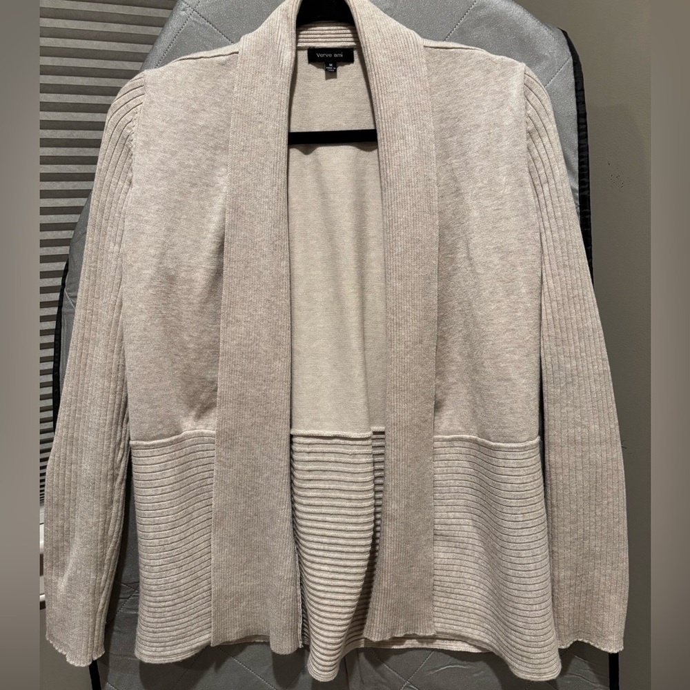 Cream Ribbed Shawl Collar Open Cardigan Sweater Medium Soft Knit